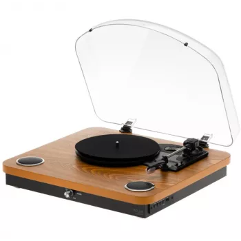 Analoginis diržinio paleidimo patefonas Adler AD 1914 su USB prievadu, keraminiu plokštelių padėklu, nuolatinės srovės varikliu, 33 1/3 aps./min., Bluetooth 5.4, RCA išėjimais, įmontuotais garsiakalbiais