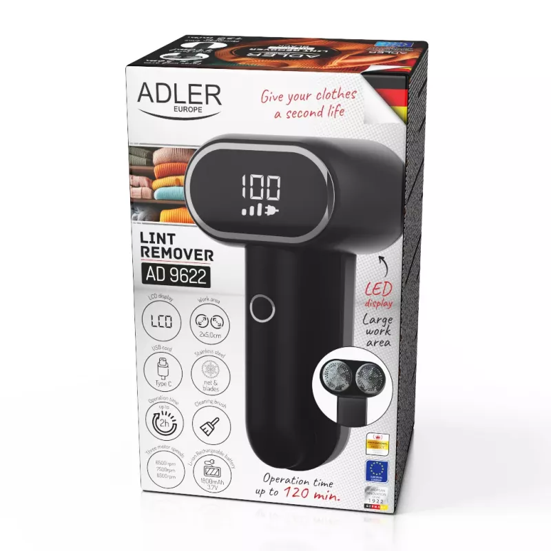 Adler | Pūkų šalintuvas | AD 9622 | Juodas | Įkraunama baterija | 10 W