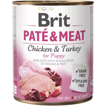 Šlapias šunų maistas Brit Paté & Meat 800 g — visavertis konservuotas maistas jauniems šunims, kalakutiena ir vištiena, be grūdų, 75% drėgmės