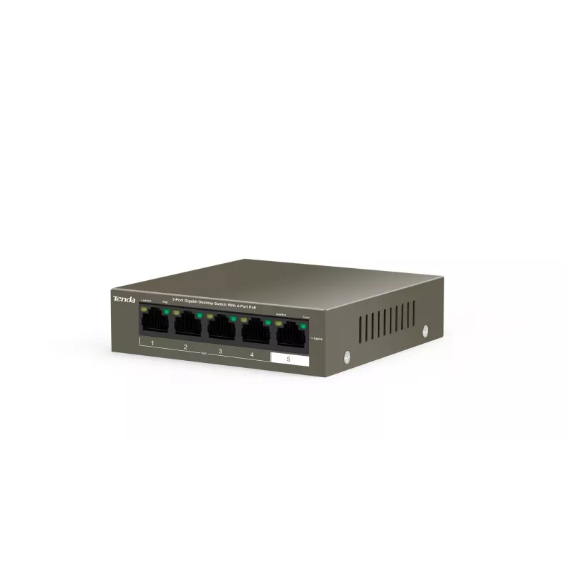 Tinklo komutatorius TENDA TEG1105P-4-63W-EU, 5x Gigabit RJ-45, 4x PoE (bendra galia 57,8 W), 10 Gbit/s perjungimas