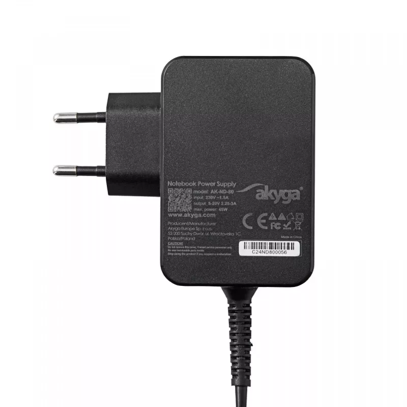 Maitinimo adapteris Akyga AK-ND-80 45W 20V išėjimas, reguliuojamas 2,25–3 A