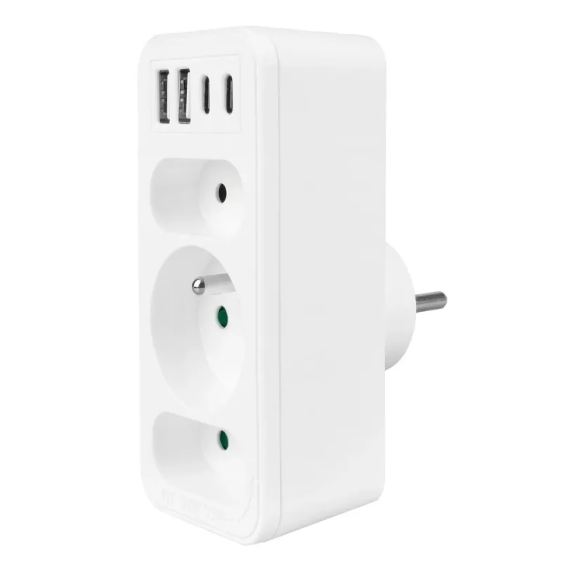 Maitinimo skirstytuvas MACLEAN MCE248 F/W — 3 kintamosios srovės lizdai (1×16A, 2×6A) + 4×USB (2×A, 2×C PD 20W), EU kištukas, baltas