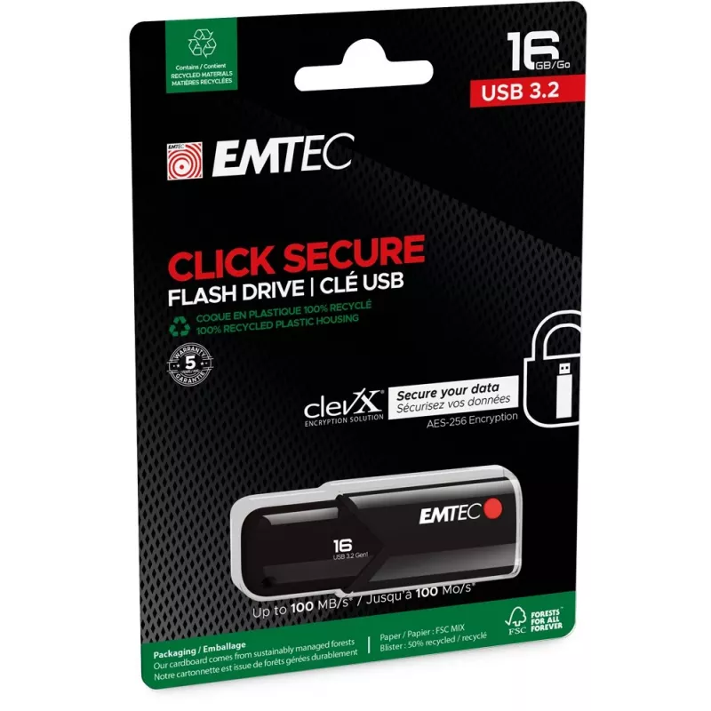 USB atmintinė Emtec B120 Click Secure 16 GB USB Type-A 3.2 Gen 2 juoda