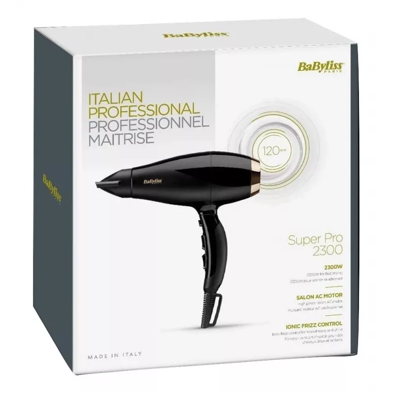 Plaukų džiovintuvas BABYLISS Super Pro 2300, 2300 W, AC variklis, 2 greičiai, 3 šildymo lygiai, jonizacija, vėsaus oro srautas, keramika, 120 m³/h