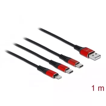 USB įkrovimo laidas DeLOCK 3 viename Type-A į Lightning / 2 x USB Type-C 1 m juoda / raudona