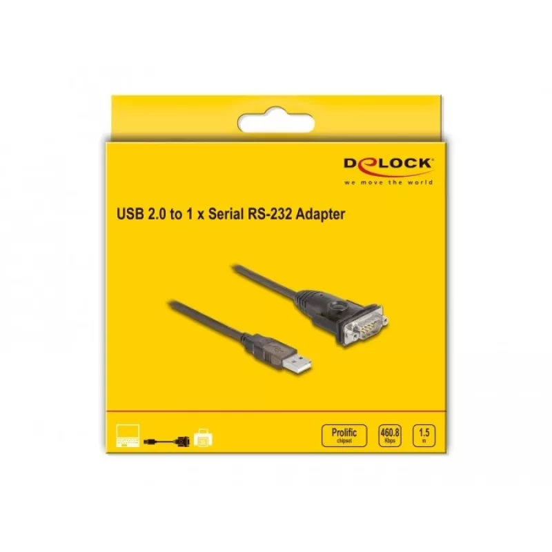 DeLOCK adapteris USB 2.0 Type-A į nuoseklųjį RS-232 D-Sub 9 kontaktų kištukas 1,5 m