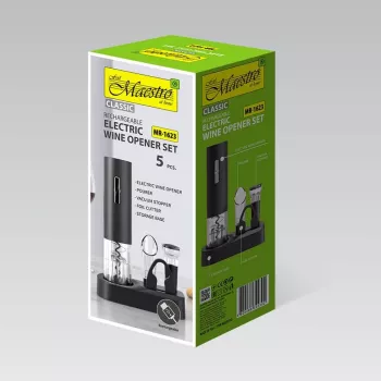 Elektrinis kamščiatraukis Maestro MR-1623, USB įkraunamas belaidis butelių atidarytuvas, juodas, 5 priedų rinkinys