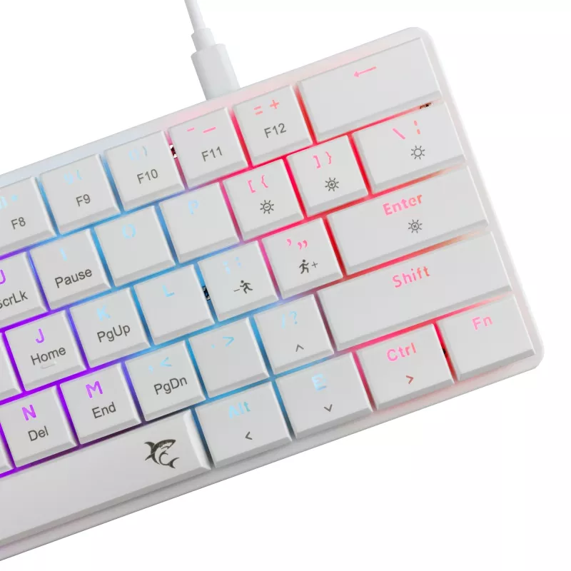 Mechaninė klaviatūra White Shark Nagamaki GK-006211 — kompaktiškas išdėstymas, raudoni mechaniniai jungikliai, baltas korpusas