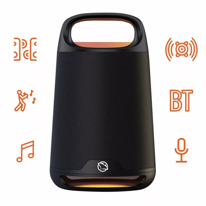 Nešiojamas garsiakalbis MANTA SPK330B Otus — Bluetooth, Karaoke, TWS, SUPERBASS, MIC, USB-C (19×19×33,2 cm)