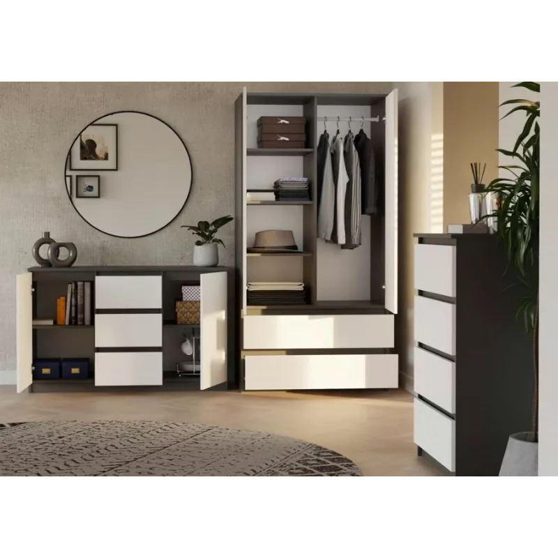 Komoda 2 durys 3 stalčiai top e shop M-MP-K-MAL-2D3S-ANTBIA — antracitinis rėmas, baltos durys, 1200×750×400 mm