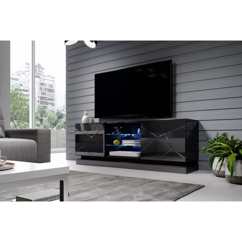 TV spintelė cama meble QIU 160 — MDF juodas blizgesys, 1600×420×570 mm