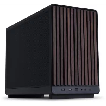 PC korpusas Lian Li A3-mATX Micro Tower — Micro-ITX/Micro-ATX, medžio spalva ir juoda, palaiko ATX/SFX/SFX-L maitinimo blokus