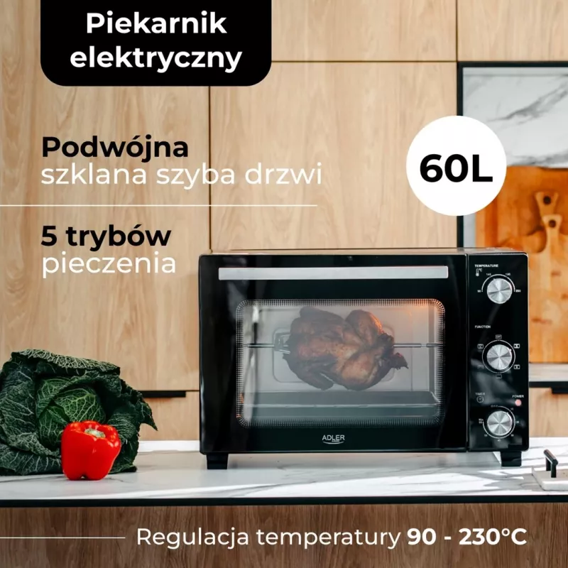 Elektrinė orkaitė Adler AD 6028 — 60 l, 2000 W, laisvai pastatoma, sukamieji valdikliai, grilio iešmas, maks. 230 °C, juoda