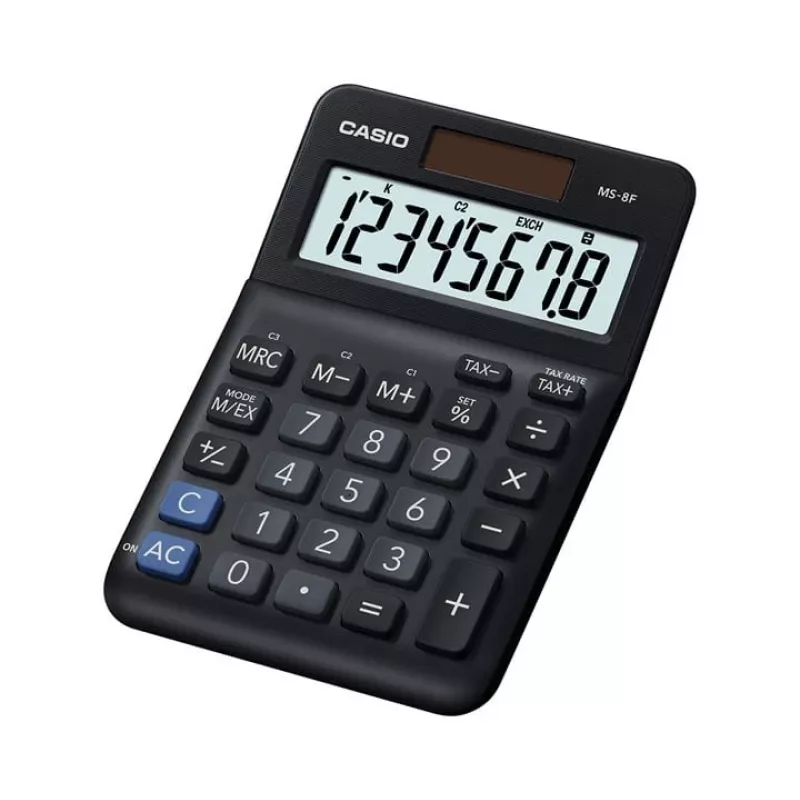Stalinis pagrindinis skaičiuotuvas CASIO MS-8F – 8 skaitmenų, baterija/saulės energija, 26 klavišai, valiutos ir mokesčių funkcijos, pelno skaičiavimas, juodas