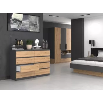 Komoda top e shop M8 140 ANT/ART — 8 stalčiai, antracito/ąžuolo, 1380×400×970 mm, medžio drožlių plokštė