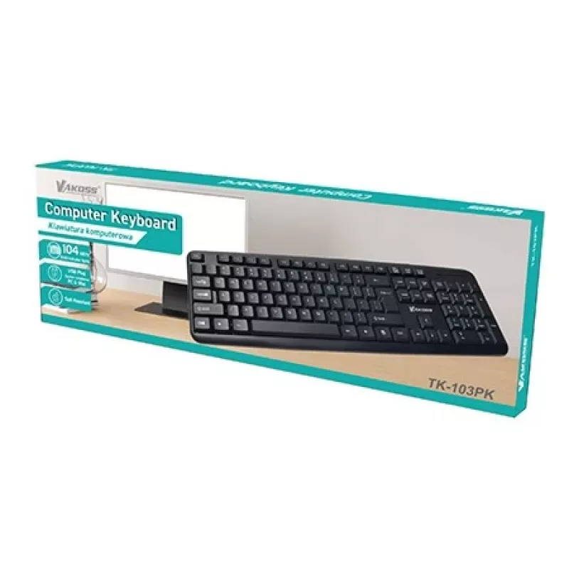 Laidinė pilno dydžio klaviatūra VAKOSS TK-103PK — USB, 104 klavišai, skaičių klaviatūra, juoda, 1,4 m laidas