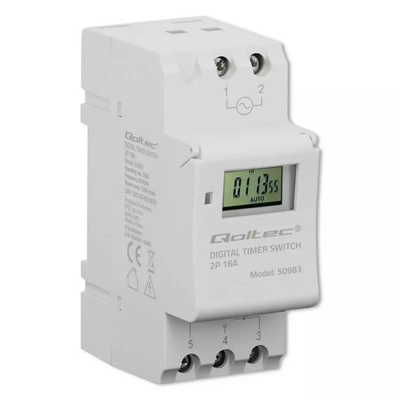 DIN bėgio elektroninis laikmačio jungiklis QOLTEC 50983, maitinamas baterijomis, skirtas automatikos grandinėms