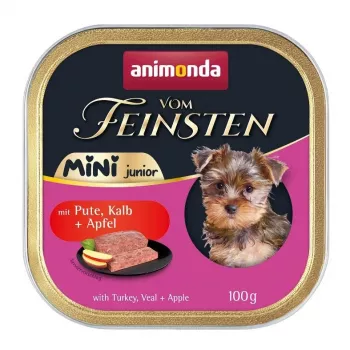 Šlapias šunų maistas animonda Vom Feinsten Mini Junior — Kalakutiena ir veršiena su obuoliais, 100 g