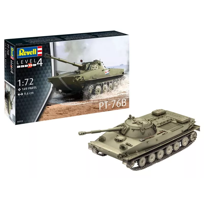 Plastic model REVELL PT-76B scale 1:72 assembly kit, karinis amfibinis lengvasis tankas