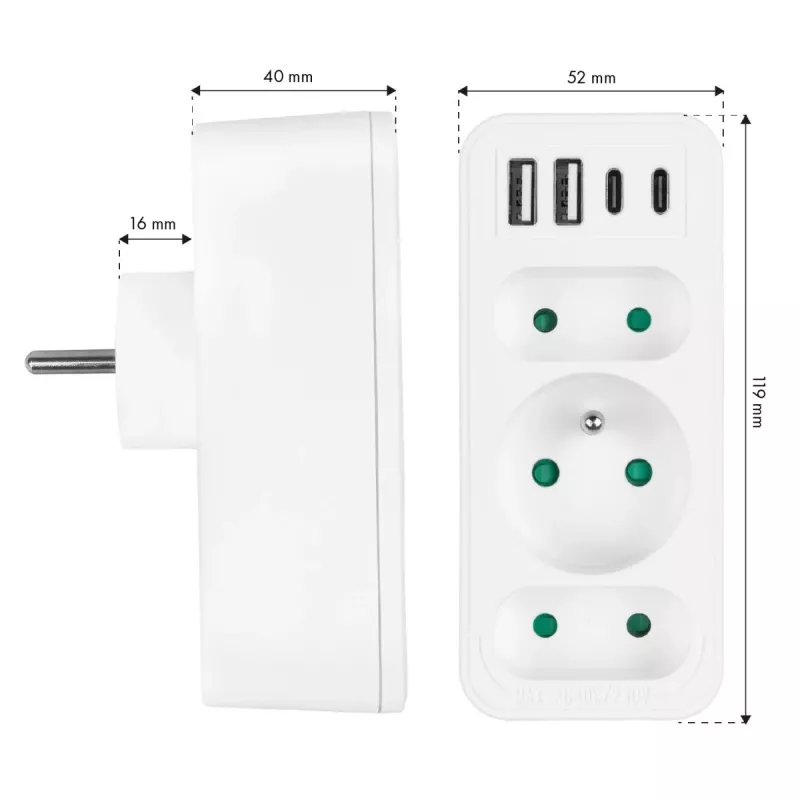 Maitinimo skirstytuvas MACLEAN MCE248 F/W — 3 kintamosios srovės lizdai (1×16A, 2×6A) + 4×USB (2×A, 2×C PD 20W), EU kištukas, baltas