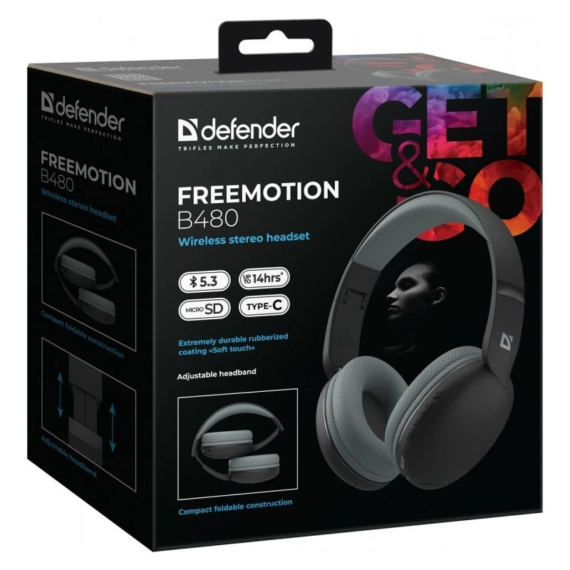 Belaidės ausinės DEFENDER Freemotion B480 — ant ausies, uždaros, Bluetooth, 20–20000 Hz, 99 dB, USB-C, AUX