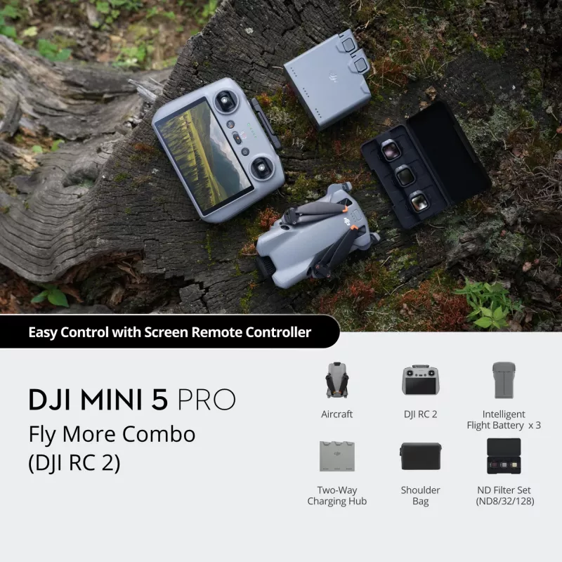 DJI MINI 5 PRO Fly More Combo (RC2) lengvas 249 g dronas su 50 MP jutikliu, Lidar, 3 baterijomis, nuotolinio valdymo pultu su ekranu
