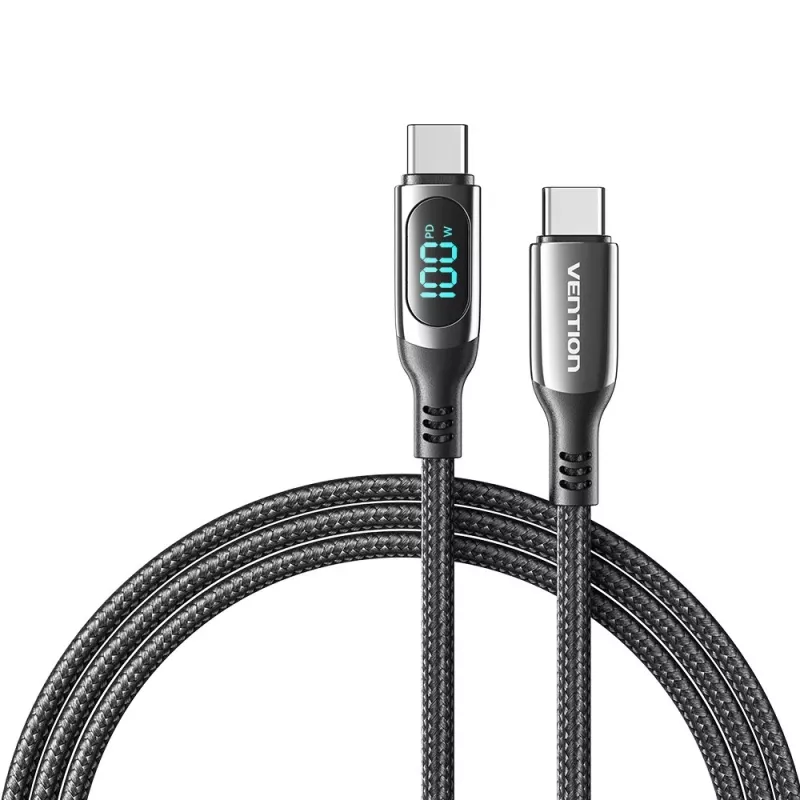 Vention medvilniniu pynimu aptrauktas USB 2.0 C-į-C 5A laidas su LED ekranu 1,2 m juodas cinko lydinio tipas