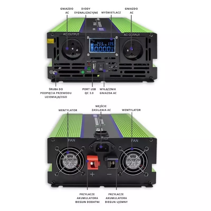 Qoltec Monolith įtampos keitiklis | Baterijos įkrovimas | UPS | 2000W | 4000W | 12V į 230V | Grynas sinusas | LCD juodai žalias