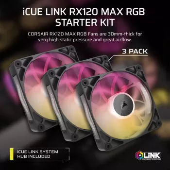 Corsair iCUE LINK RX120 MAX ARGB 120 mm korpuso ventiliatoriai, 3 vnt. rinkinys, juodi