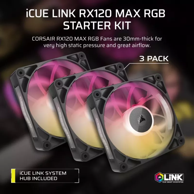 Corsair iCUE LINK RX120 MAX ARGB 120 mm korpuso ventiliatoriai, 3 vnt. rinkinys, juodi