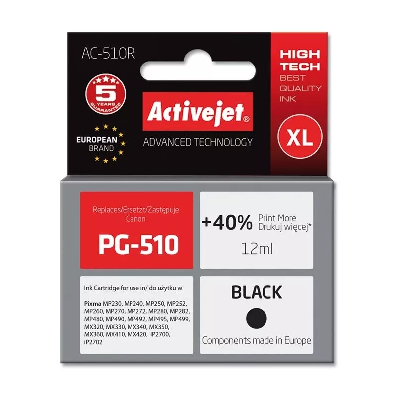 Rašalo kasetė ActiveJet AC-510R juoda — suderinama su Canon, pigmentinis rašalas 12 ml, didelė (XL) išeiga, vienos pakuotės