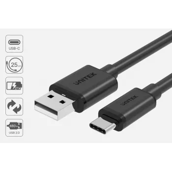 USB-C į USB-A duomenų ir įkrovimo laidas Unitek C14067BK 1,5 m, juodas, USB-C kištukas į USB-A kištuką