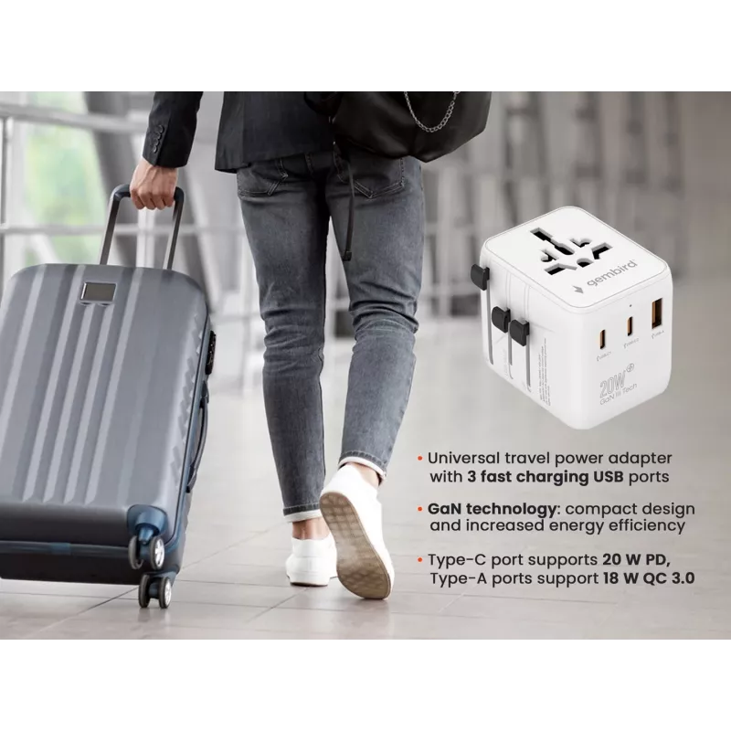 Kelioninis maitinimo adapteris GEMBIRD TPA-1A2C20-01-W — 20 W, USB-A (18 W) + 2× USB-C (20 W), Type E kištukas, baltas