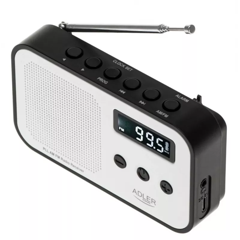 Nešiojamasis skaitmeninis radijas Adler AD 1907 — AM/FM, skaitmeninis imtuvas, žadintuvas, USB-C, 600 mAh baterija, LCD, 20 išsaugotų stočių, teleskopinė antena