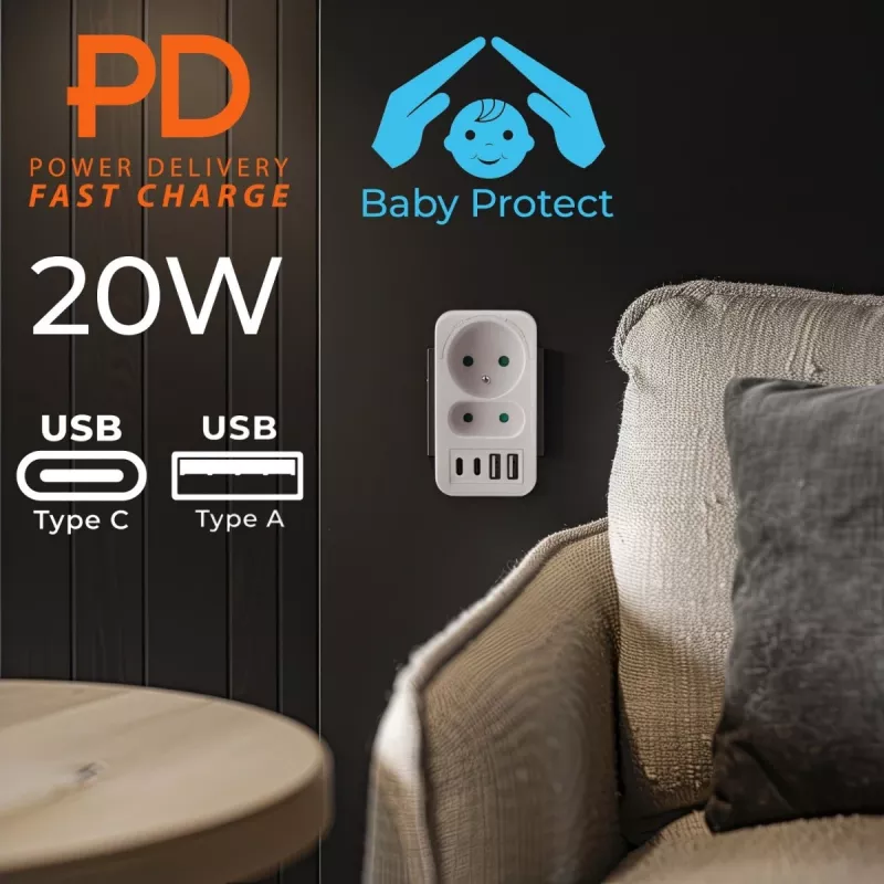 Maitinimo skirstytuvas MACLEAN MCE249 F/W — 2x maitinimo lizdai (16A + 6A) ir 4x USB (2x A, 2x C PD 20W)
