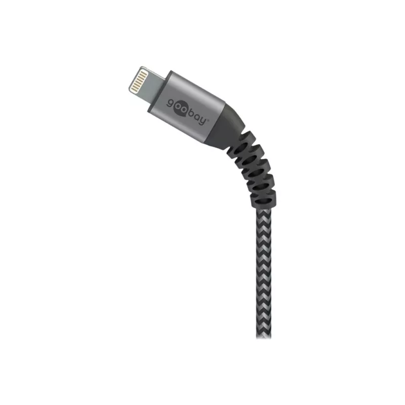 USB-A į Lightning kabelis GOOBAY 2 m, medžiaginis apvalkalas, 3,3 mm skersmuo, tamsiai pilka / sidabrinė