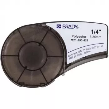 Etikečių juosta Brady M21-250-423, termotransferinė poliesterinė, juoda ant balto, 6,35 mm x 6,4 m