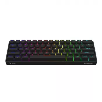 Mechaninė žaidimų klaviatūra SAVIO JuodaOUT X2 PEACH — 61 klavišų 60 % QWERTY, RGB LED, karštasis keitimas, USB Type-A/Type-C, nuimamas laidas