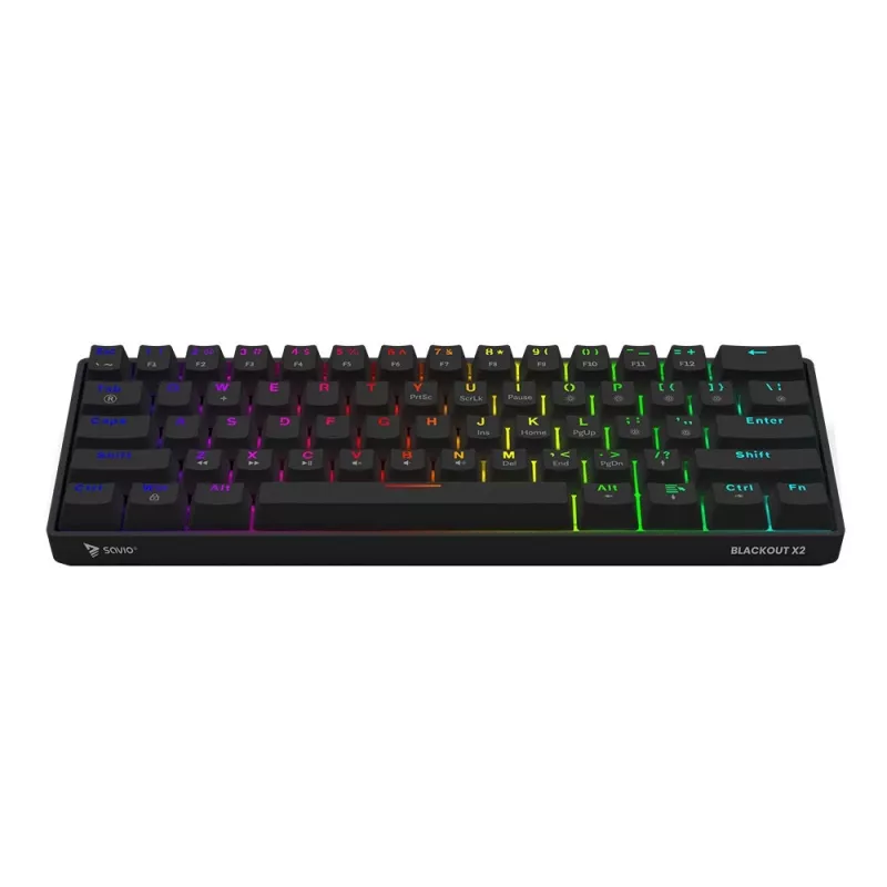 Mechaninė žaidimų klaviatūra SAVIO JuodaOUT X2 PEACH — 61 klavišų 60 % QWERTY, RGB LED, karštasis keitimas, USB Type-A/Type-C, nuimamas laidas