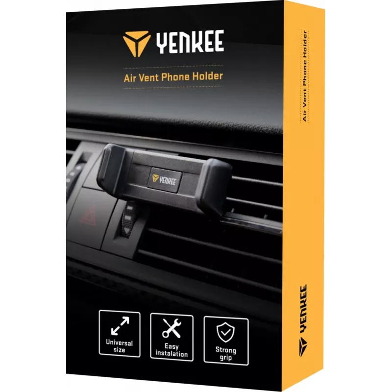 Automobilinio telefono laikiklis YENKEE YSM 201BK — tvirtinimas ant ventiliacijos grotelių, reguliuojamas kampas, juodas, tinka telefonams iki 6,5 colio, 50–85 mm