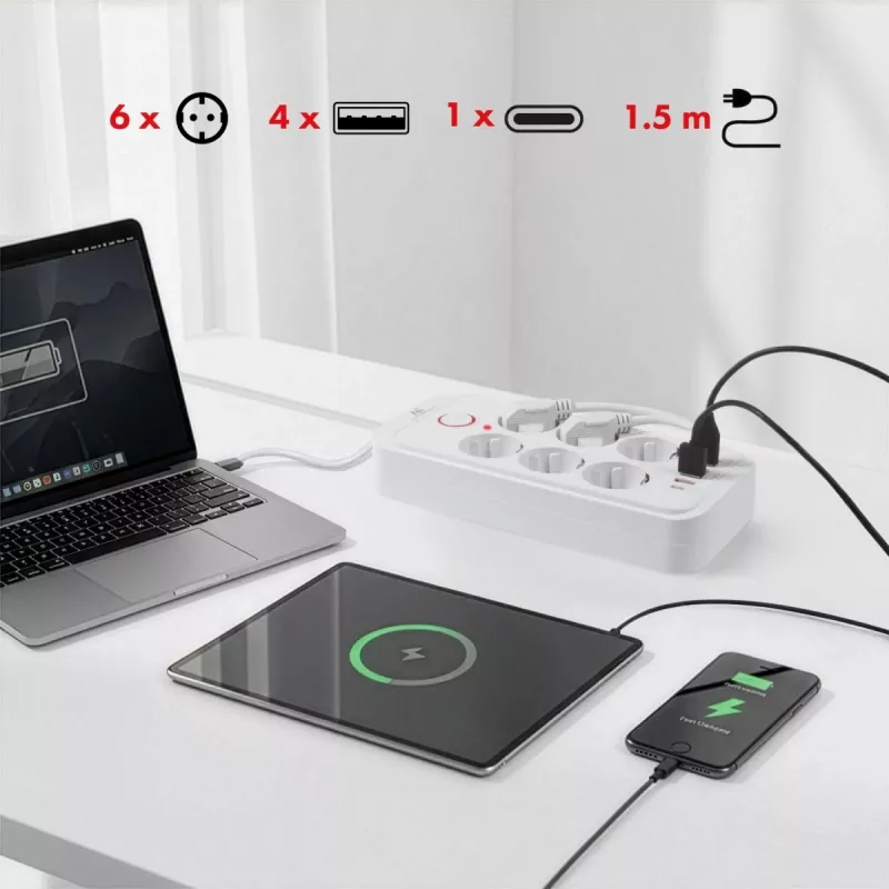Maitinimo lizdų blokas MACLEAN MCE389 W — 6 lizdai, 4×USB-A, 1×USB-C, 2500 W, 110–240 V, 1,5 m laidas, baltas