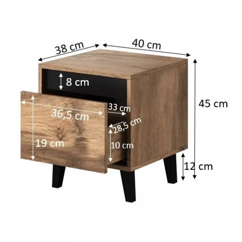 Naktinis staliukas cama meble NORD, 2 vnt. rinkinys, 40×38×45 cm, ąžuolas wotan/antracitas, 1 stalčius, 16 mm rėmas