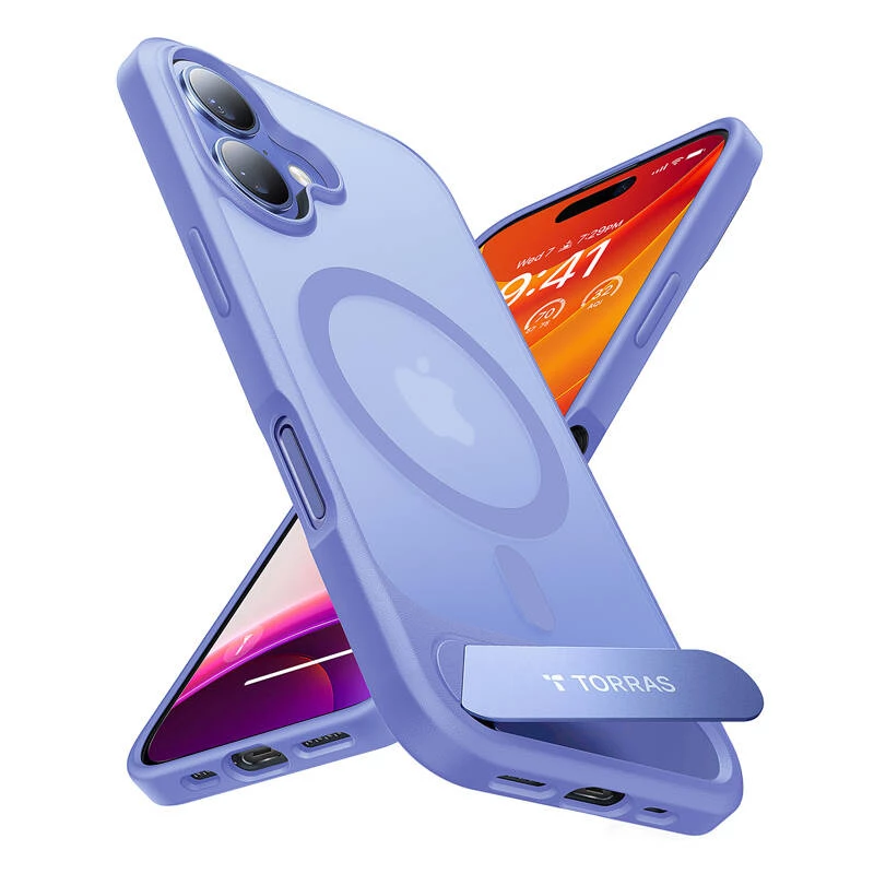 Apsauginis telefono dėklas Torras Pstand Series iPhone 16 — mėlynas, plonas su integruotu stovu