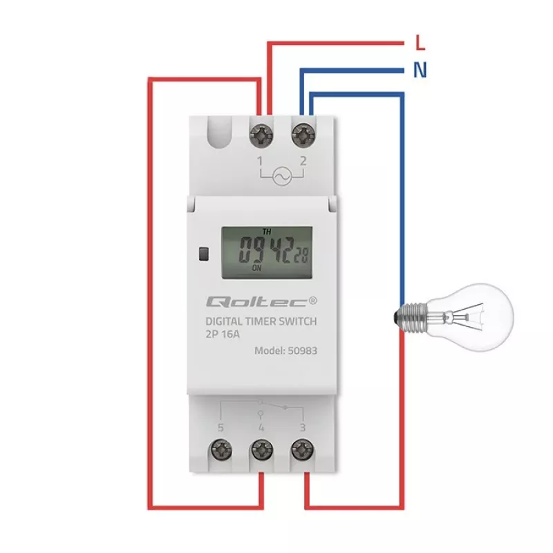 DIN bėgio elektroninis laikmačio jungiklis QOLTEC 50983, maitinamas baterijomis, skirtas automatikos grandinėms