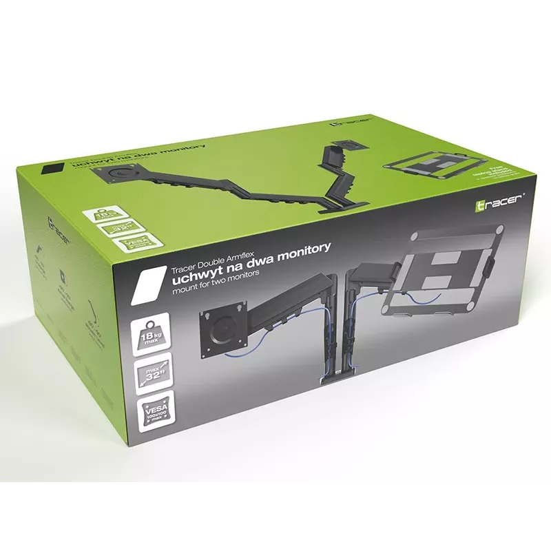 Stalinis dvigubas monitoriaus laikiklis TRACER TRAUCH47660 — reguliuojami metaliniai stiebai, maks. 18 kg, VESA iki 100×100, 13–32 colių ekranams
