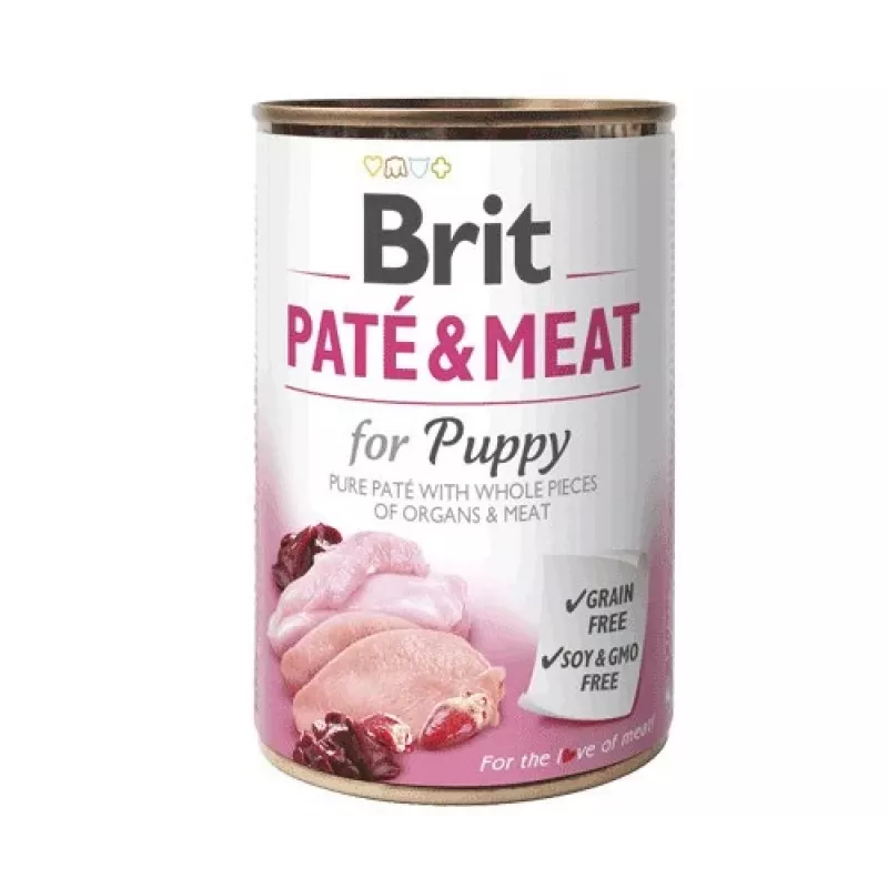 Drėgnas šunų maistas Brit Paté & Meat Puppy Chicken 400 g — drėgnas paštetas jauniems šunims, be grūdų, 75 % drėgmės, 11,5 % baltymų