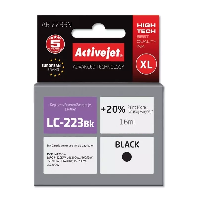 Suderinamas rašalo kasetė ActiveJet AB-223BN juoda, pigmentinis rašalas, 16 ml, didelio našumo (XL) išeiga, skirta Brother LC-223Bk
