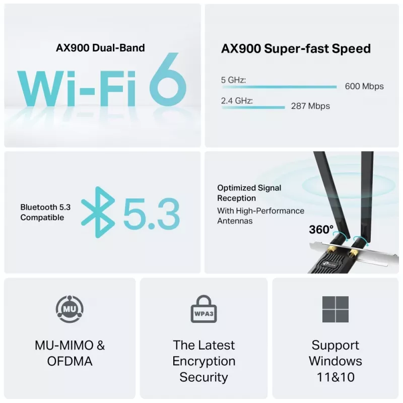 „Wi-Fi 6 Bluetooth“ PCIe adapteris TP‑LINK Archer TX10E AX900 — PCIe kortelė, AX900 Wi‑Fi 6, „Bluetooth“