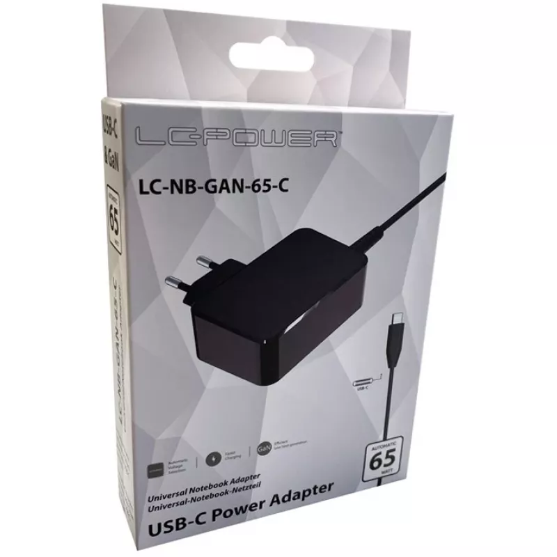 Mobiliojo įrenginio įkroviklis LC-Power LC-NB-GAN-65-C nešiojamam kompiuteriui, juodas, kintamoji srovė, skirtas naudoti patalpose