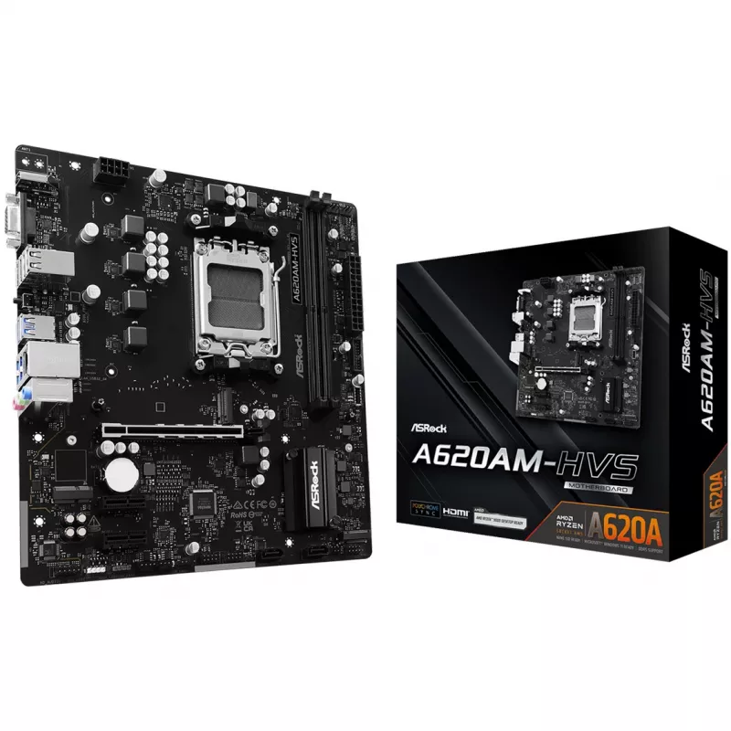 Motininė plokštė ASRock A620AM-HVS Micro ATX — AMD A620A mikroschemų rinkinys, Socket AM5, DDR5, 2 DIMM, iki 128 GB, HDMI 2.1, M.2 2280